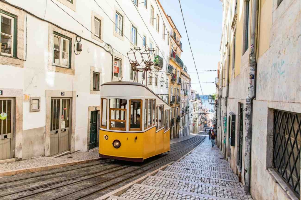 lisbon street with yellow tram, linked to property buying process in portugal.