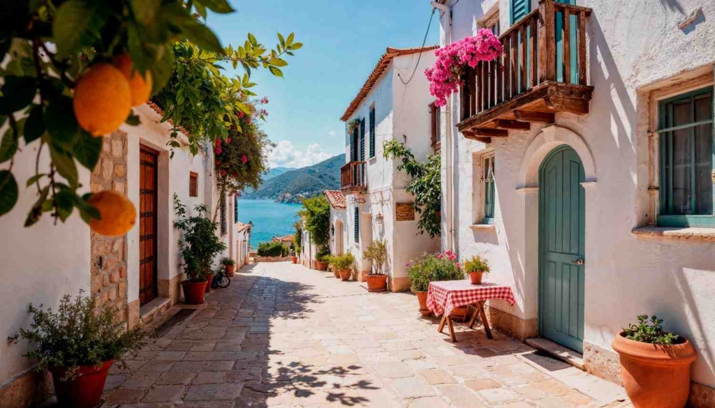 charming greek street with cheap houses in greece near the coast