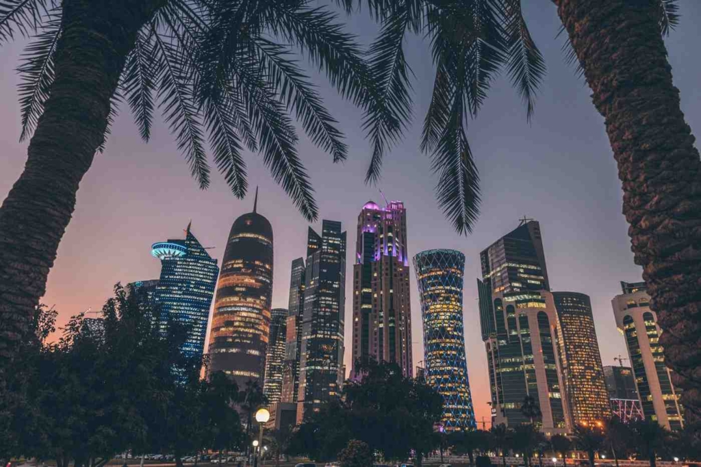doha skyline at dusk with palm trees