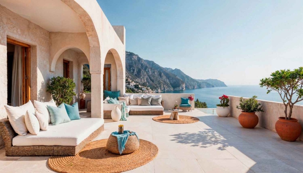 mediterranean villa terrace with ocean views to buy property in greece