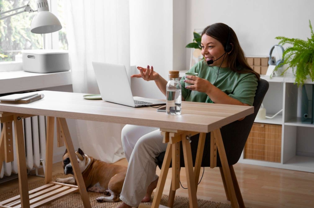 remote worker at home office with dog, lifestyle in inexpensive places to live in france.