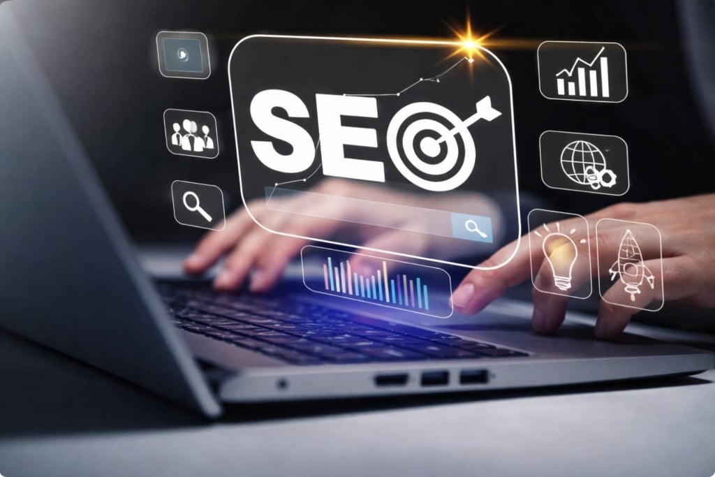 seo strategy concept with hands typing on a laptop and digital marketing icons overlayed on screen.