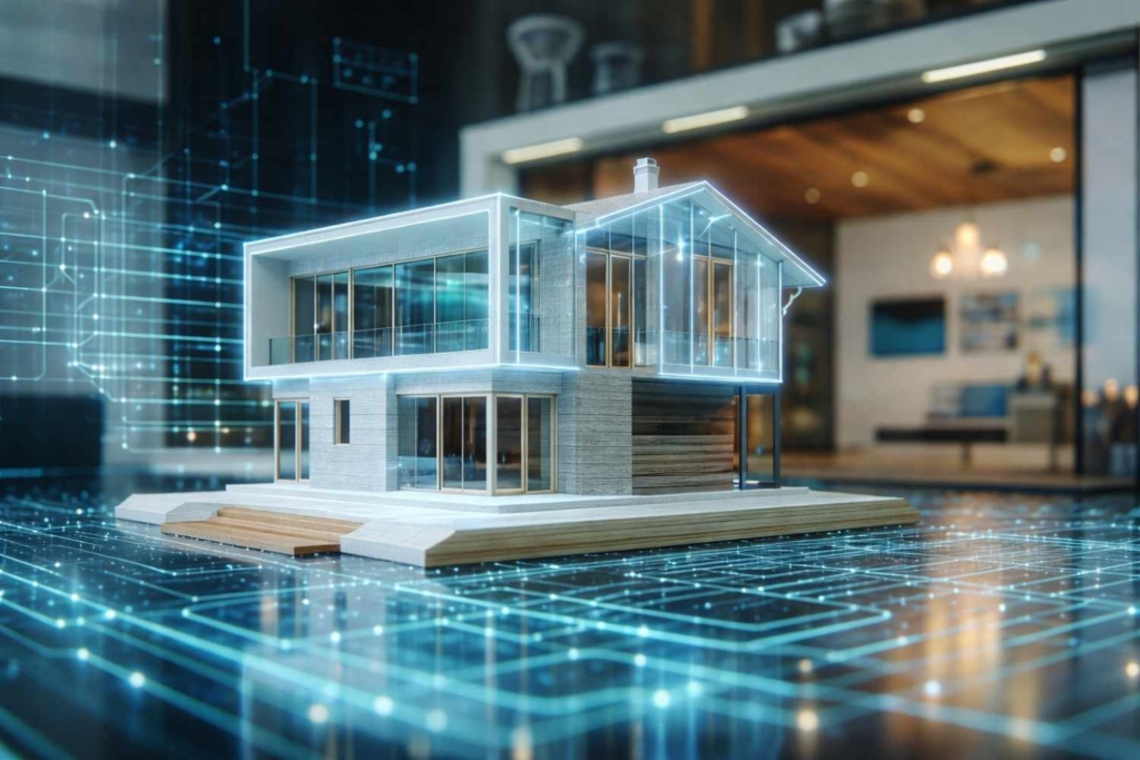 futuristic smart house model with digital data interface representing generative ai real estate technology.