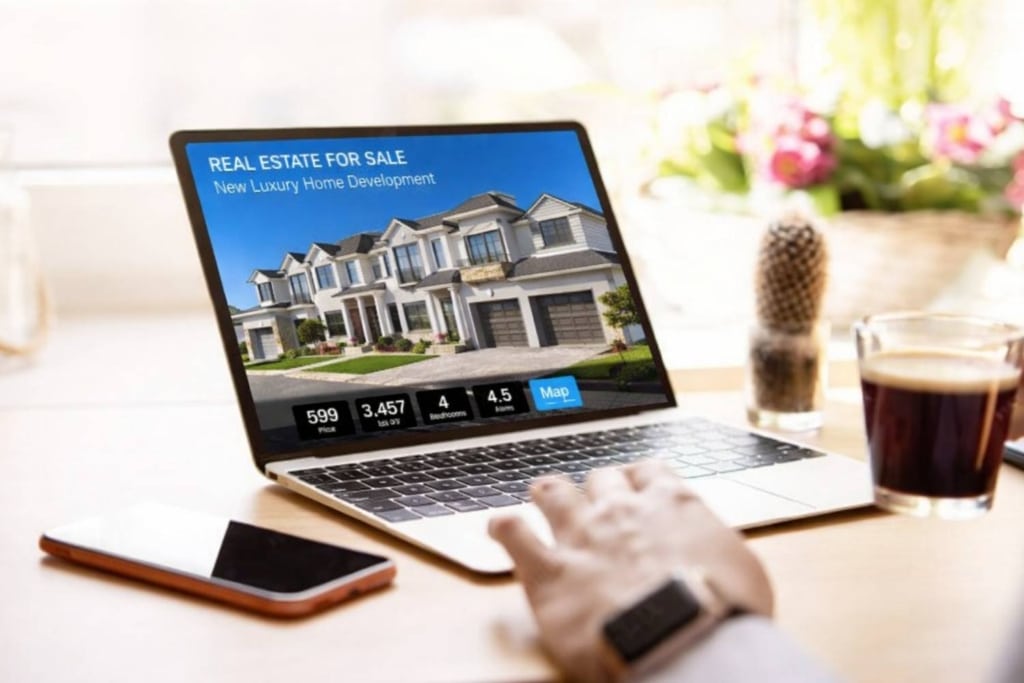 real estate marketing content showing homes for sale on a laptop.