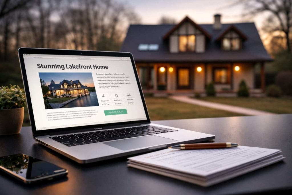 laptop showing ai real estate marketing content