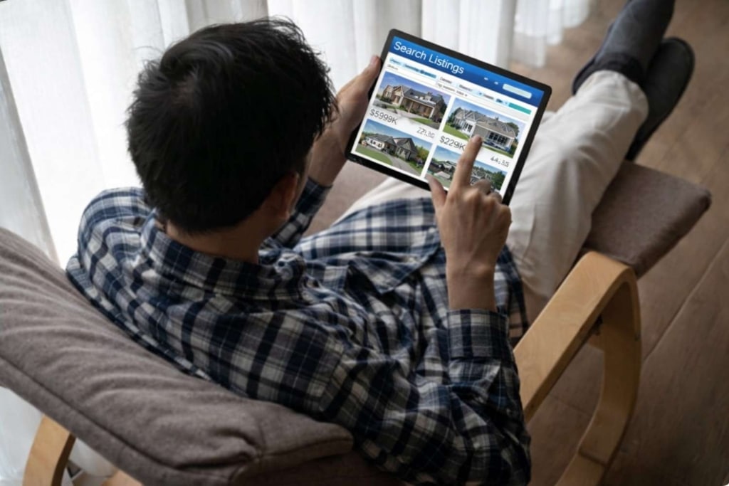 person browsing home listings on a tablet for real estate content creation.
