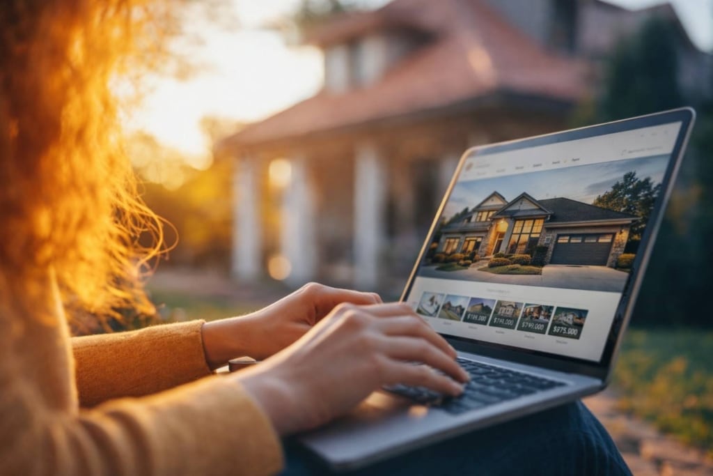 person browsing home listings on a laptop for real estate content strategy.