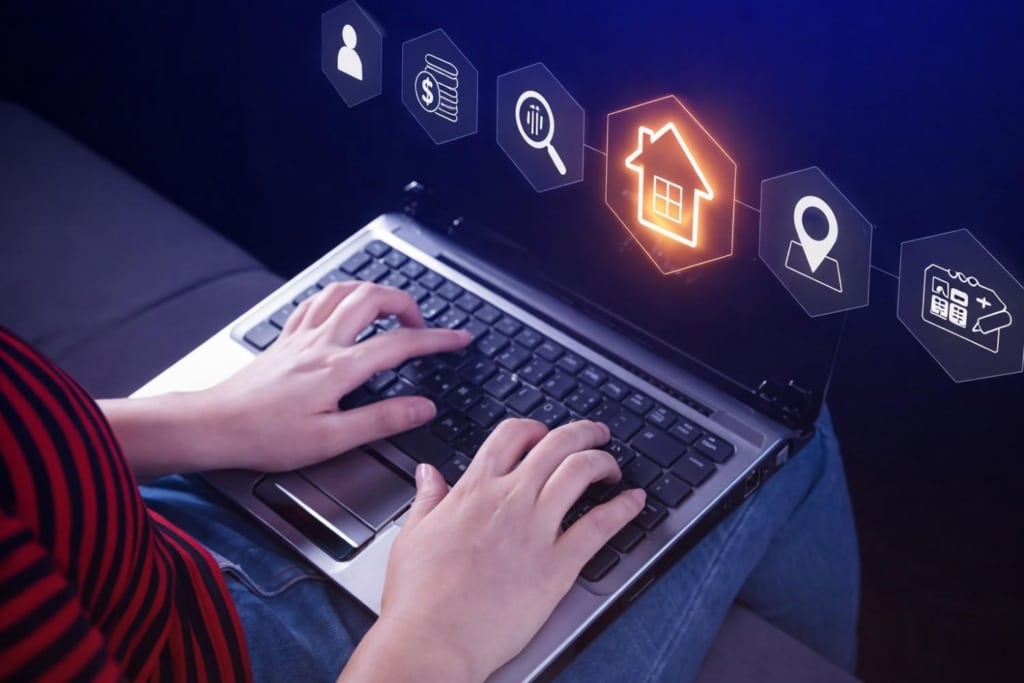 person typing on a laptop with ai icons, representing ai consultant for real estate.