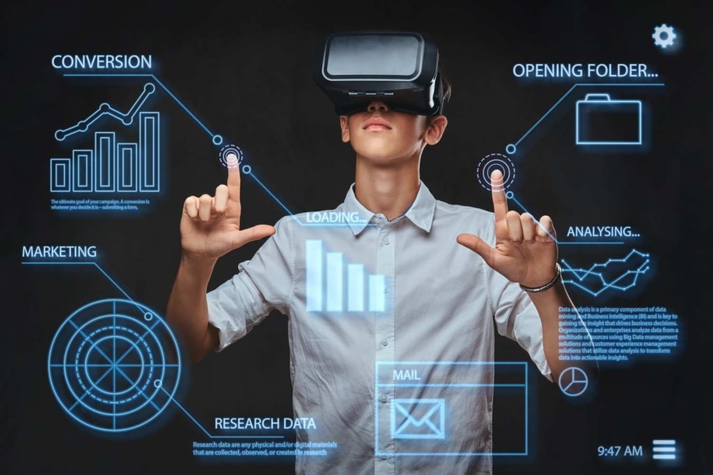 person using vr glasses with digital data, representing ai strategy for real estate.