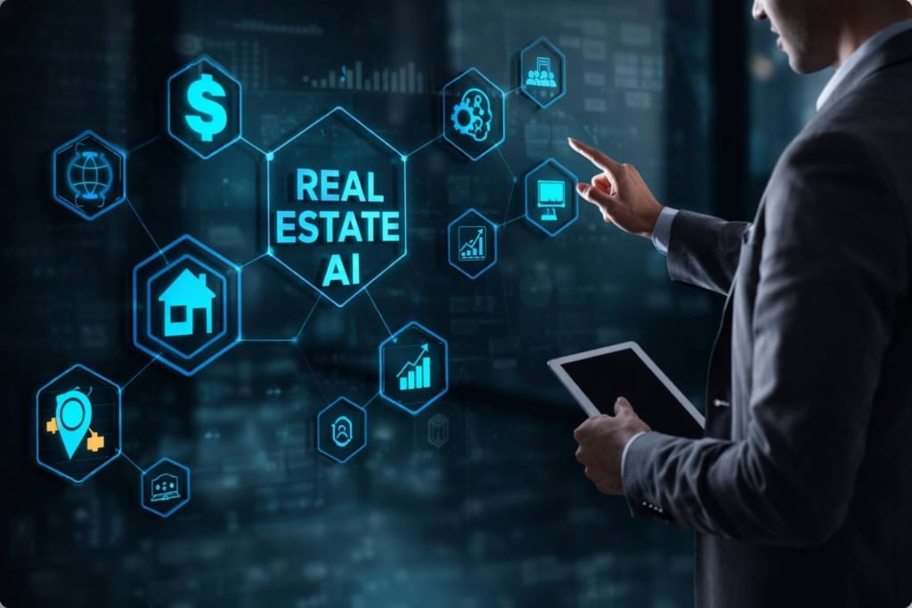 professional using a digital dashboard for ai real estate services and smart property data analysis.