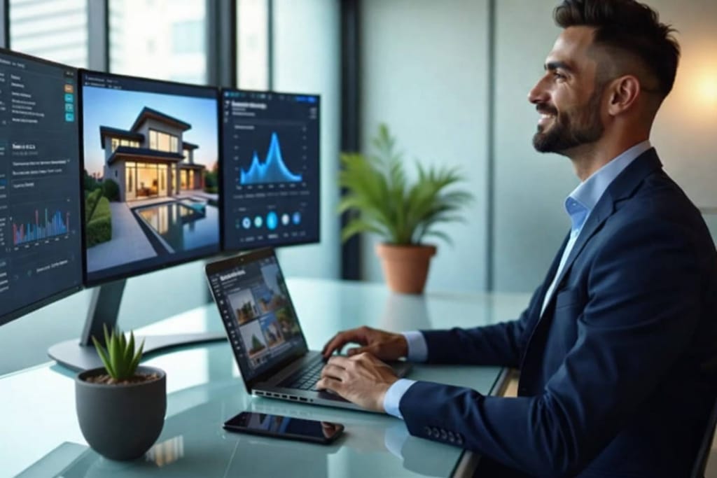 ai content and systems specialist analyzing property data in a modern office.