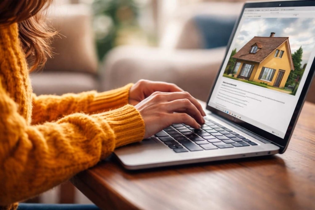 real estate blog writing on a laptop showing a home listing in a cozy workspace.