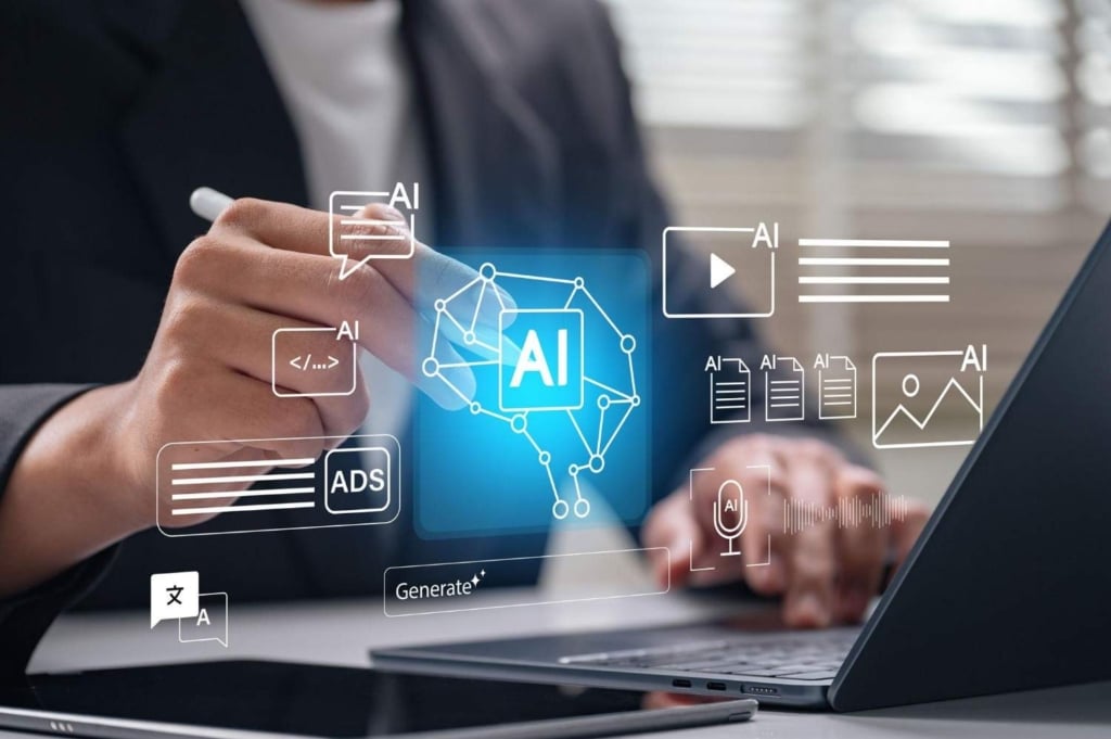 ai property description generator tool creating real estate listing content on a laptop interface.