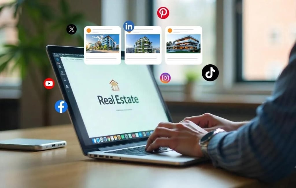 real estate marketing automation using social media and laptop dashboard.